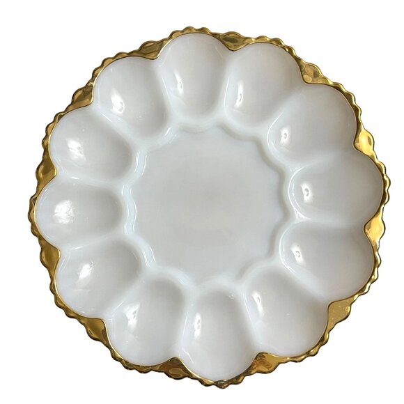 Vintage Anchor Hocking White Milk Glass Deviled Egg Platter With Gold Rim 10" - Picture 1 of 2